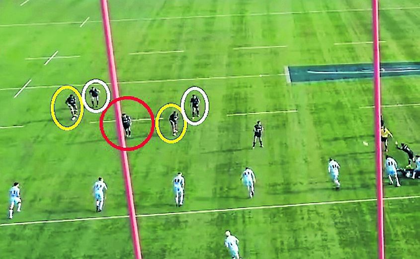 1. On observe ici que Jamie George (cercle rouge) joue un rôle essentiel dans l’organisation du jeu des Saracens, celui du pivot au cœur des cellules offensives. Autour de lui, deux avants (cercles jaunes) et deux trois-quarts dans son dos. 2. Un rôle dont il sait toutefois sortir… Ainsi, sur le temps de jeu suivant, George et se mue en relayeur pour servir Strettle, décalé dans son couloir. À noter que le demi de mêlée (cercle blanc) n’était pas loin derrière le talonneur anglais, ce qui ne l’a pourtant pas dissuadé de prendre ses responsabilités. Avec raison puisque le décalage trouvé par George n’aurait sûrement pas existé s’il avait attendu deux secondes de plus…