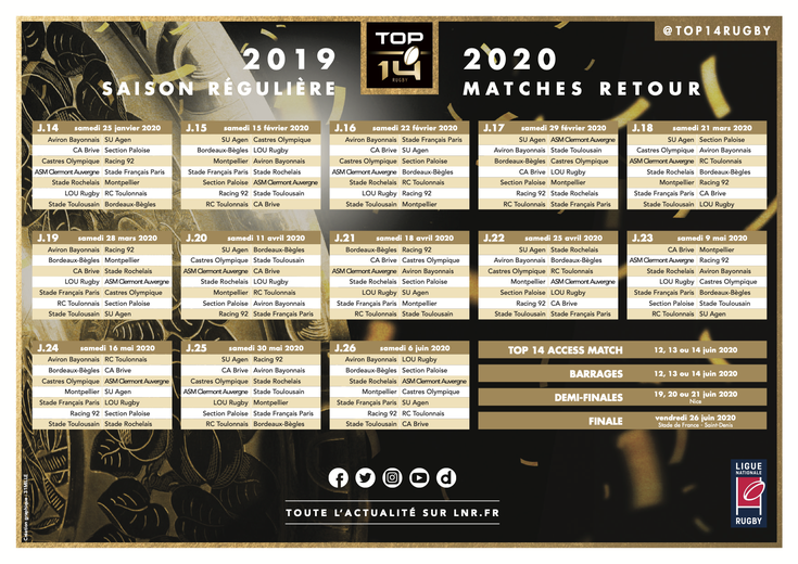 Le calendrier Top 14 édition 20192020 est connu midiolympique.fr Calendrier Top 14 Lou