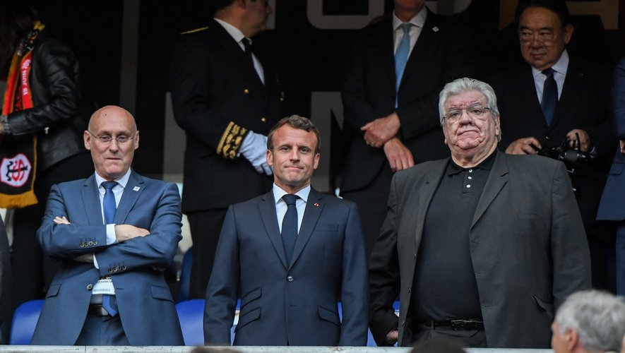 President of Rugby French Federation (FFR) Bernard Laporte, French president Emmanuel Macron and President of the French league (LNR) Paul Goze during the Top 14 Final match between Toulouse and Clermont at Stade de France on June 15, 2019 in Paris, France. (Photo by Anthony Dibon/Icon Sport)