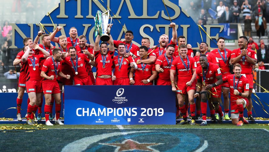 Saracens celebrate with the trophy during the Champions Cup Final at St James' Park, Newcastle. On May 11th, 2019.
Photo: David Davies / PA Images / Icon Sport