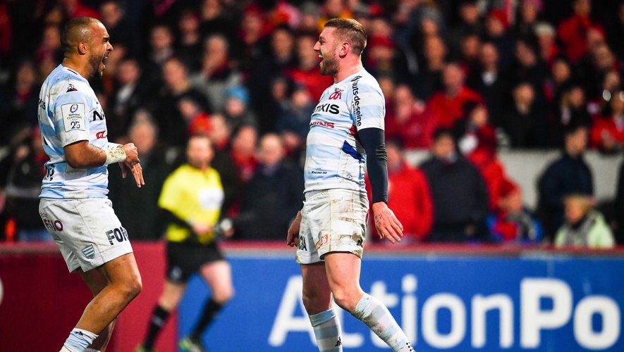 23 November 2019; Finn Russell of Racing 92, right, celebrates after scoring his side's first try with Simon Zebo during the Heineken Champions Cup Pool 4 Round 2 match between Munster and Racing 92 at Thomond Park in Limerick. Photo by Sam Barnes/Sportsfile 

Photo by Icon Sport - Simon ZEBO - Finn RUSSELL - Thomond Park - Limerick (Irlande)