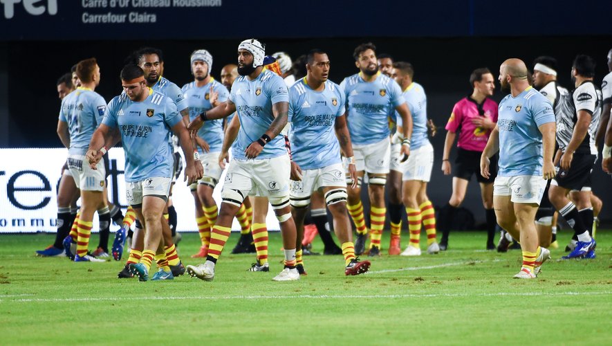 Team of Perpignan celebrates the first try  during the Pro D2 match between Perpignan and Rouen at Stade de Aime Giral on September 18, 2020 in Perpignan, France. (Photo by Alexandre Dimou/Icon Sport)  - --- - Stade Aime Giral - Perpignan (France)