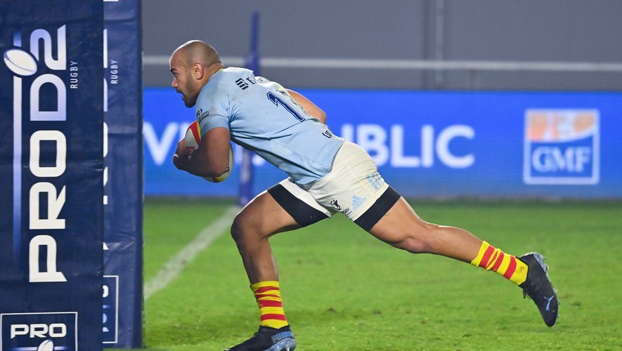 Afusipa TAUMOEPEAU of Perpignan scores the second try  during the Pro D2 match between Perpignan and Colomiers on January 21, 2021 in Perpignan, France. (Photo by Alexandre Dimou/Icon Sport) - Afusipa TAUMOEPEAU - Stade Aime Giral - Perpignan (France)