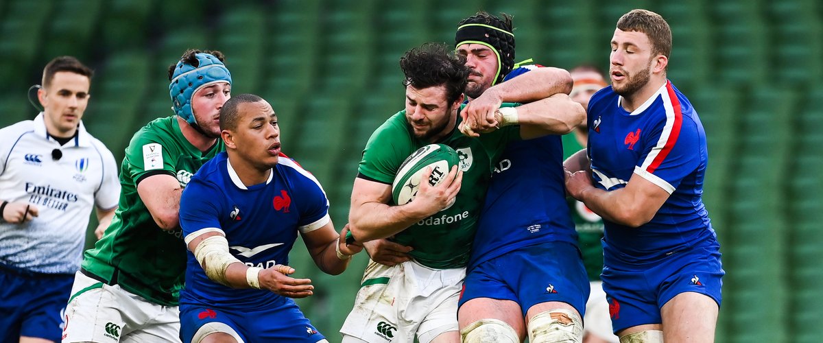 14 February 2021; Robbie Henshaw of Ireland is tackled by GrÃ©gory Alldritt of France during the Guinness Six Nations Rugby Championship match between Ireland and France at the Aviva Stadium in Dublin. Photo by Brendan Moran/Sportsfile 
Photo by Icon Sport - Aviva Stadium - Dublin (Irlande)
