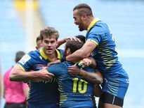 Le joie des joueurs clermontois après la transformation réussie de Camille Lopez qui offre la victoire aux Auvergnats contre les Wasps.