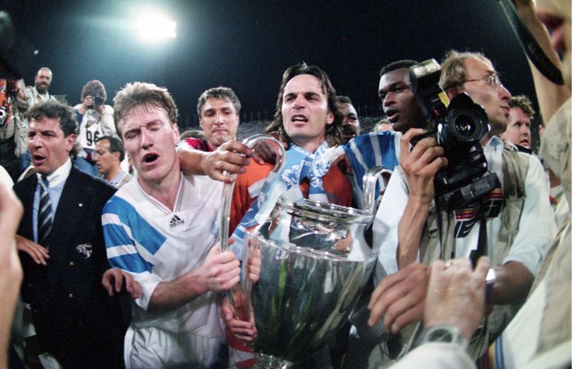 La joie de Didier Deschamps, Eric Di Meco et Marcel Desailly lors de la finale de la Ligue des Champions, Milan AC - Marseille en 1993.