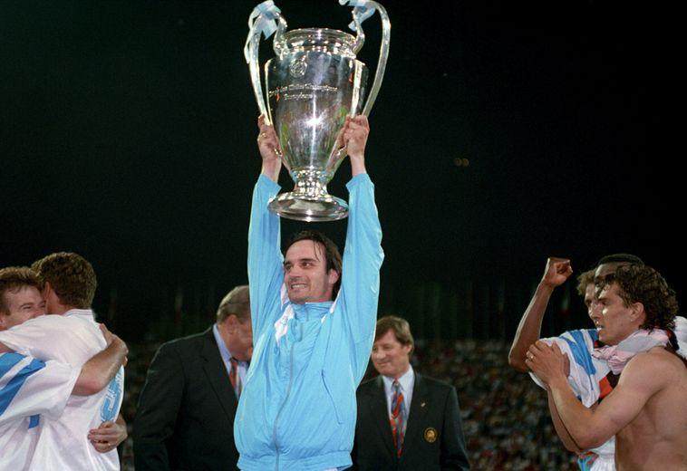 Eric Di Meco exulte après le match Marseille - Milan AC à Munich, le 26 mai 1993. Photo Icon Sport