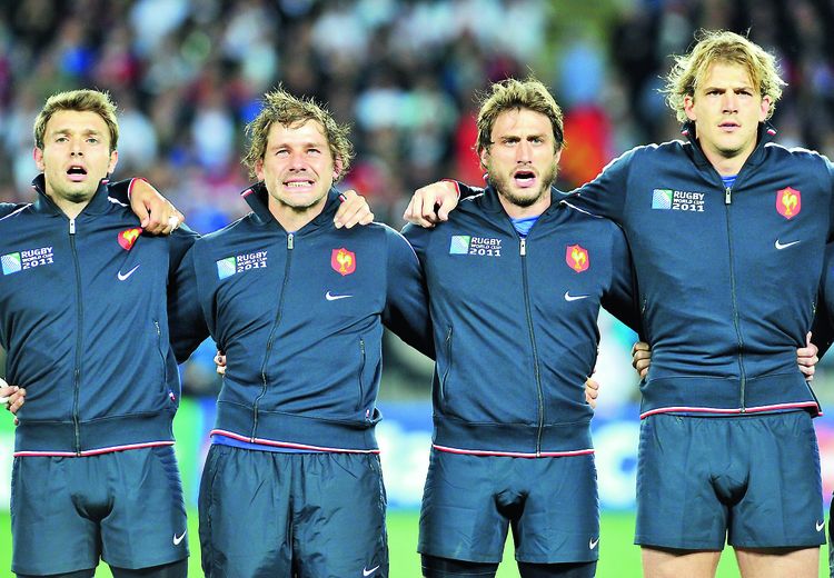 Vincent Clerc, Cédric Heymans, Maxime Médard et Aurélien Rougerie (France), face à l'Angleterre, lors de la Coupe du Monde 2011.