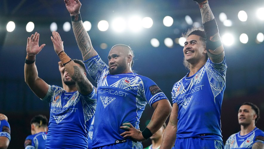 Pour la première fois de leur histoire, les Samoans disputeront la finale de la Coupe du monde. Vainqueurs notamment des Français lors de la phase de poules, les Océaniens, qui évoluent pour la plupart en NRL, retrouveront les Australiens samedi. Photo Icon Sport