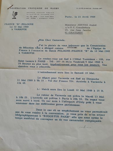 La lettre de sélection en équipe de France B reçu par André Joffre en 1969 (Partie 1)