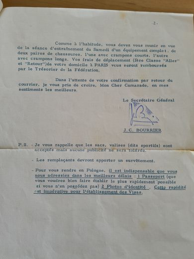 La lettre de sélection en équipe de France B reçu par André Joffre en 1969 (Partie 2)